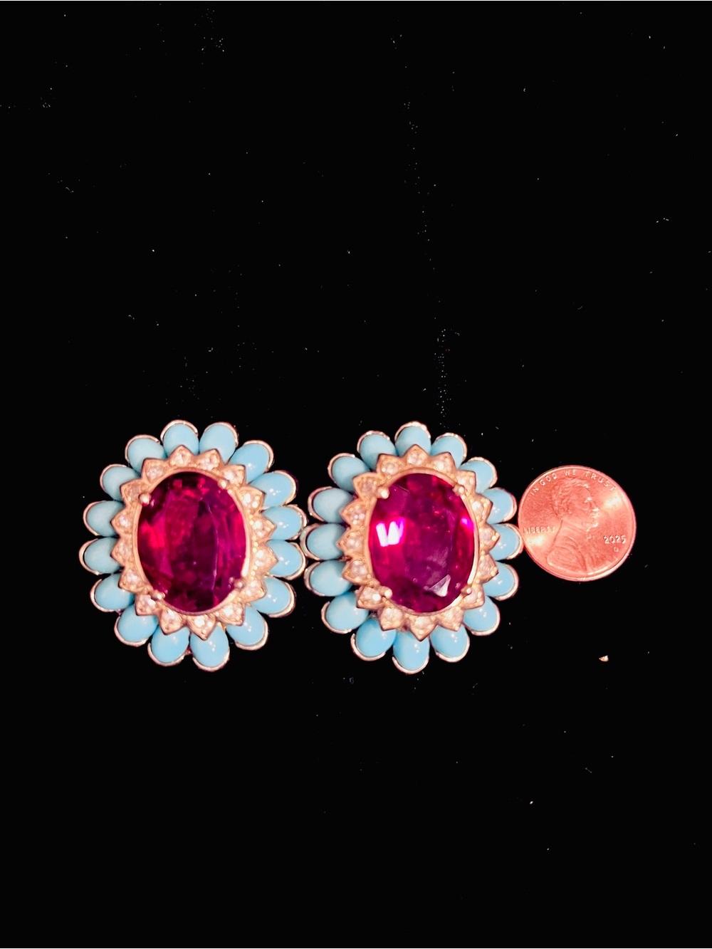 Vintage Panetta Flower Earrings - turquoise Enamel and Fuchsia Stone Clip On